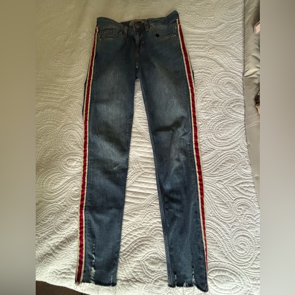 Zara Blue Skinny stretchy Jeans with Red Stripe size 0/2